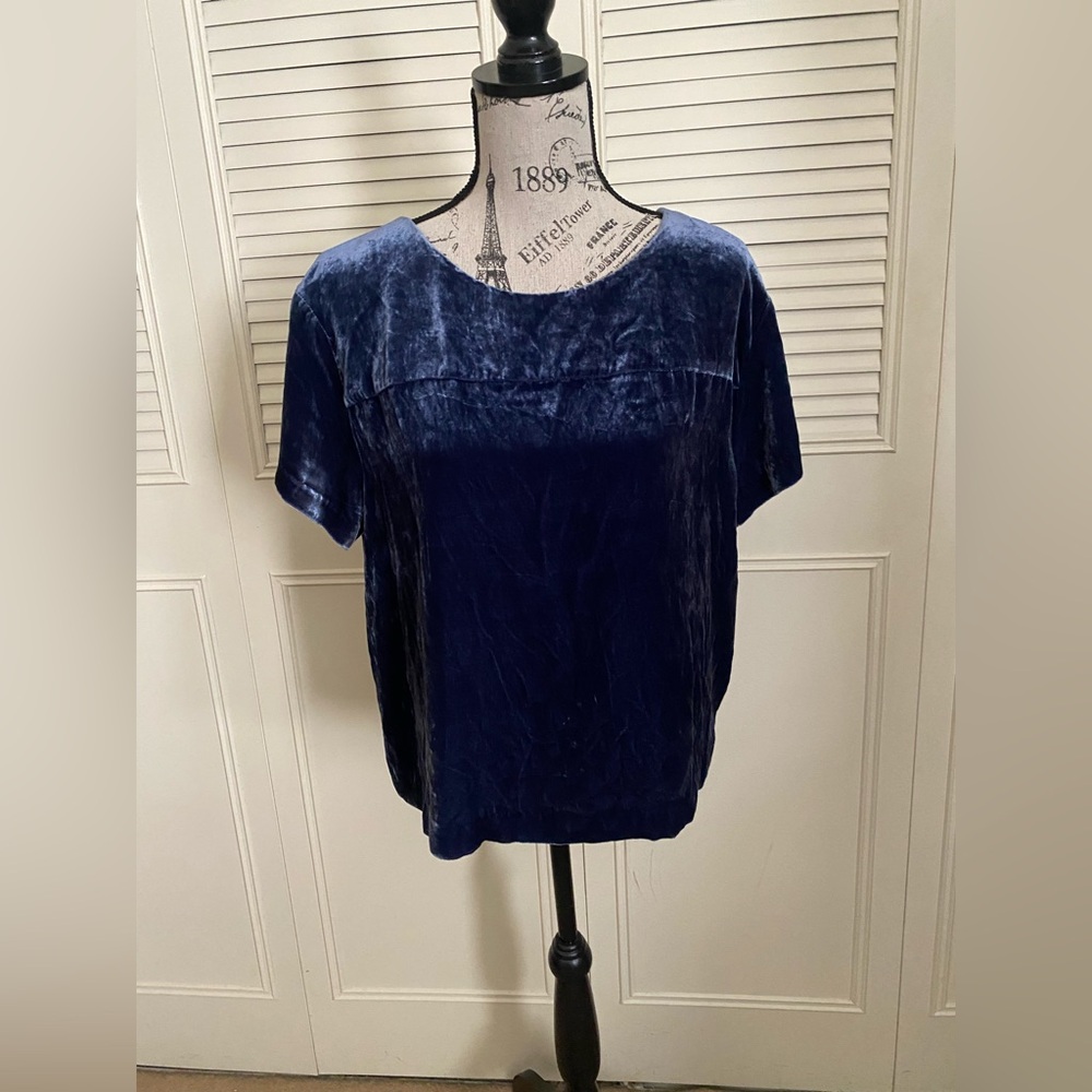 J. Crew dark blue crushed velvet short sleeve blouse holiday 2012